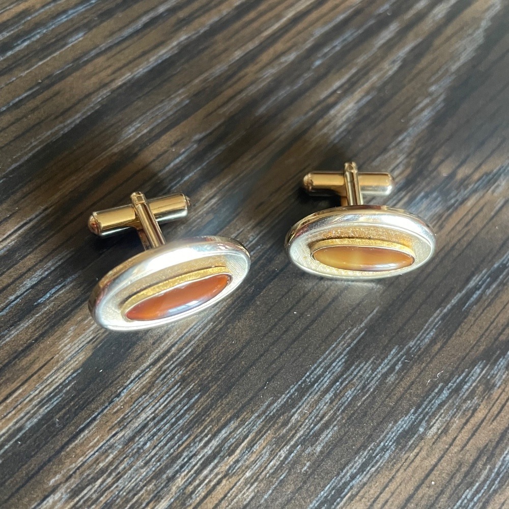 Vintage Gold Tone Cufflinks‎ Oval Tiger Eye Stone Elegant Mens Jewelry